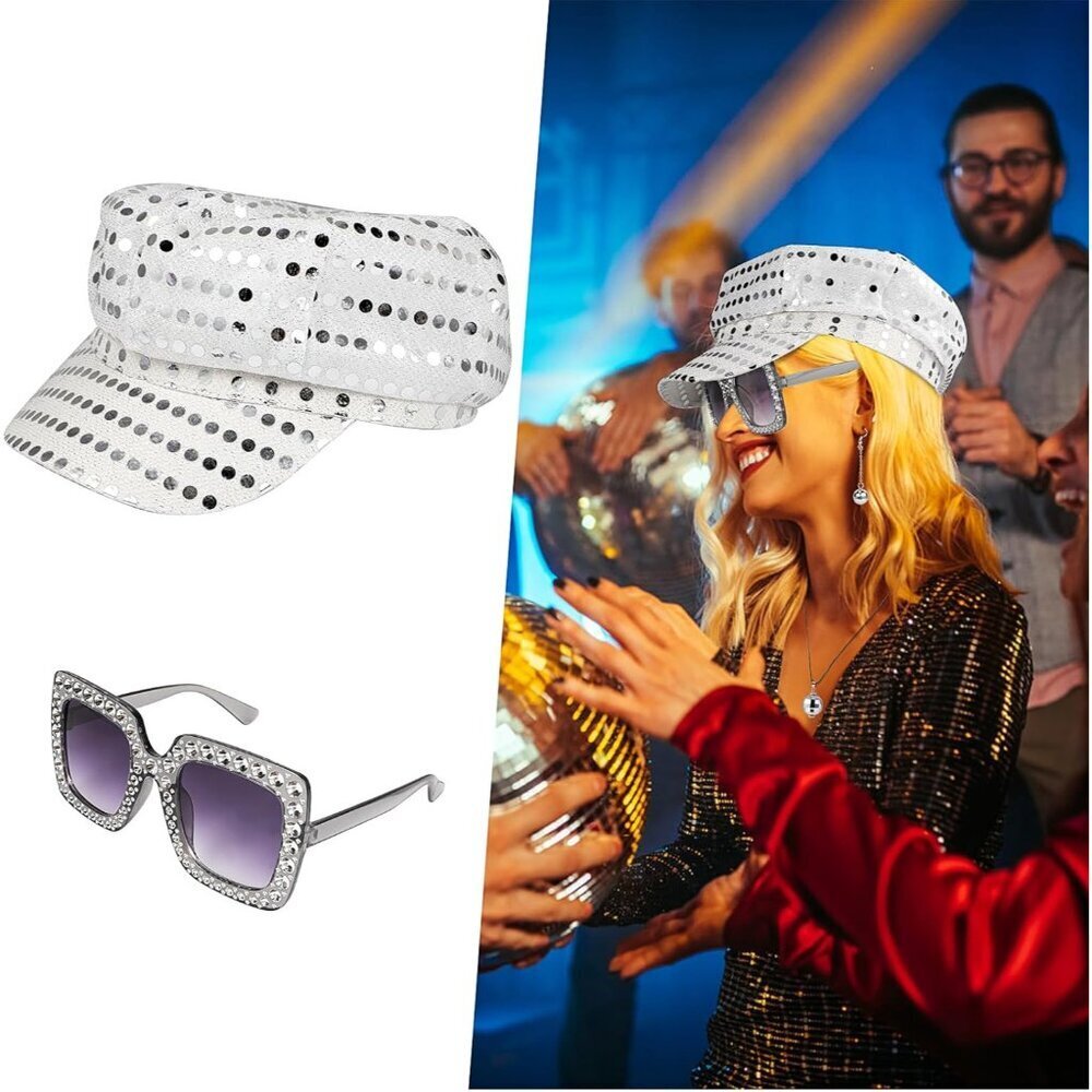 4PCS Disco Costume Accessories Set Sequin Hat Earrings Sunglasses Necklace for W - Picture 4 of 8